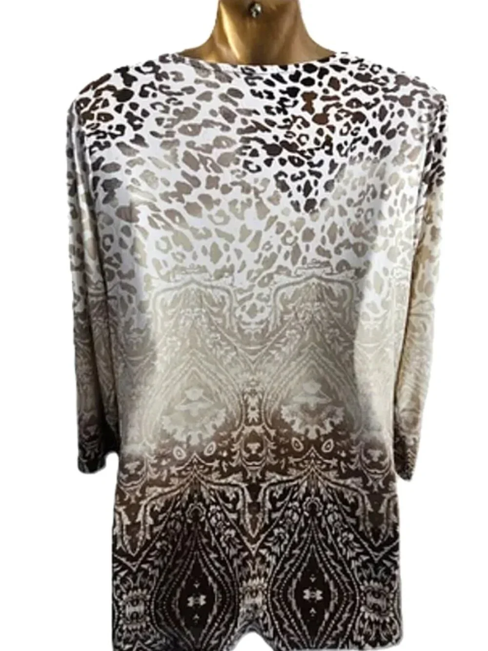 Chico's White Tan Mixed Animal Print Angle Neck Tunic Top size 2